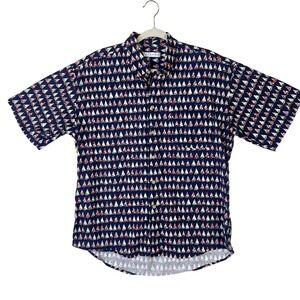 Tribute Mens Sailboat Print Button Down Shirt Navy Blue Cotton Short Sleeve L